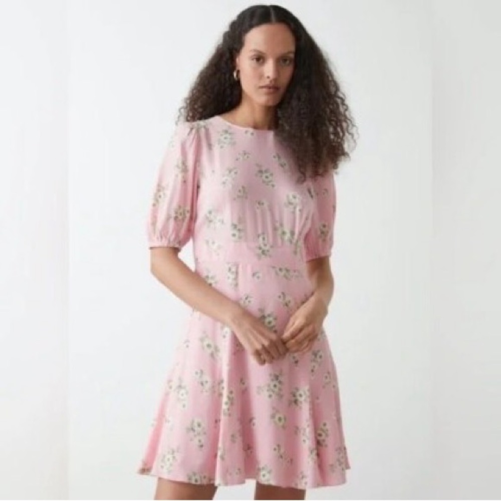 & Other Stories Pink Floral Puff Sleeve Mini Dress